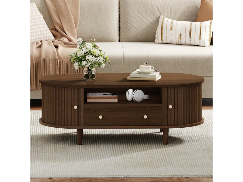 Table basse ovale avec tiroir et porte roulante, table salon 100x50x36 cm en mdf décor noyer  - Conforama W