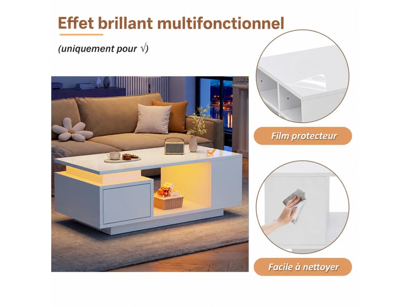  Table basse salon blanc brillant avec led, tiroir espace de rangement et 4 compartiments, 100x50x36cm  - Conforama B