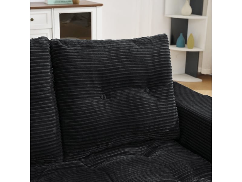 Canapé deux places noir avec accoudoirs élargis et poches latérales idéal pour s allonger ou s asseoir au salon chambre ou bureau - Conforama E