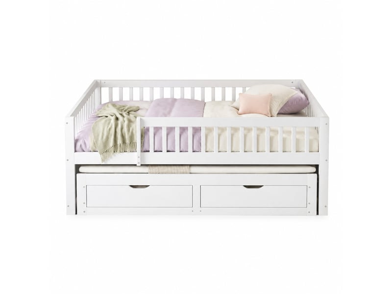  Couchage gigogne, 140x200 cm, avec garde corps intégral, 2 tiroirs pratiques, matelas non inclus, bois, coloris blanc  - Conforama A