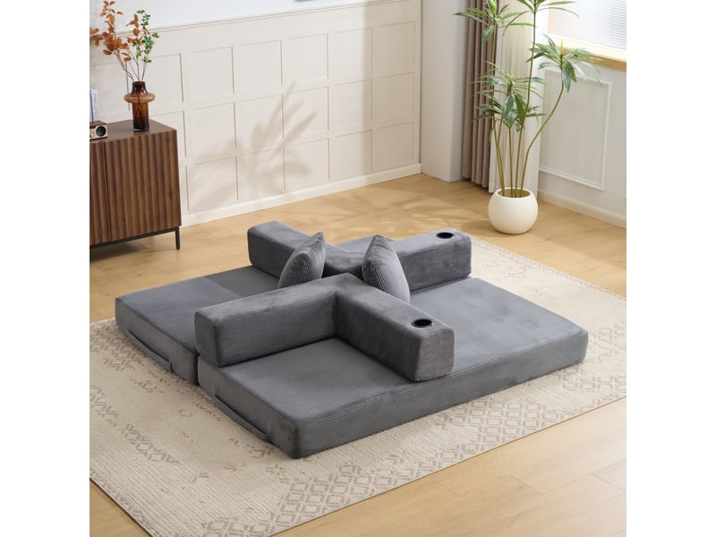  Canapé convertible pliable avec accoudoirs rabattables  - porte-gobelets et poches velours côtelé gris foncé  - Conforama C