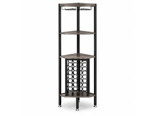 Étagère à vin d'angle 86x46x19,5 cm grise, mdf et métal, 4 niveaux avec range-bouteilles et porte-verres