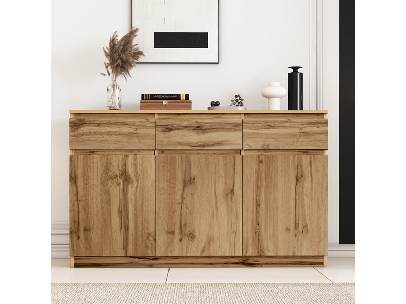  Buffet en bois avec 3 portes et 3 tiroirs, bahut pour salon ou salle à manger, finition bois naturel et poignées dissimulées  - Conforama C