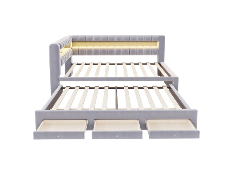 Lit banquette 90x190 cm gris clair avec lit gigogne, tiroir, led et usb  - Conforama E