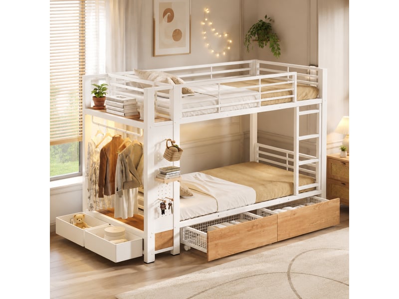  Lit superposé 2 places 90×200 cm avec tiroirs, étagères et éclairage led - okmyhome- blanc, sans matelas  - Conforama C
