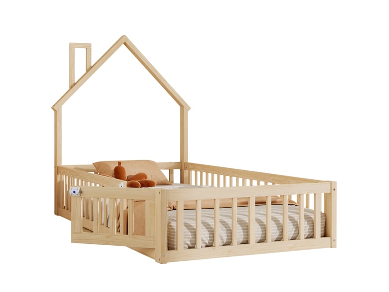Lit cabane enfant, 90 × 200 cm, naturel, pin et mdf, structure cabane, forme cheminée, sommier à lattes, garde-corps, sans matelas - Conforama A