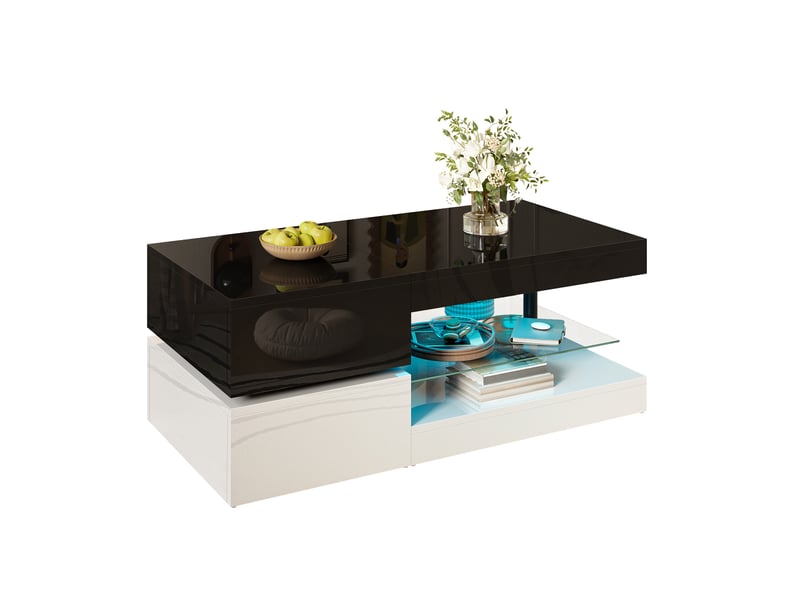  Table basse noir, rangement, éclairage led, portes vitrées, design moderne, structure robuste - 90x45x35.5cm - salon - n621p314466s  - Conforama A