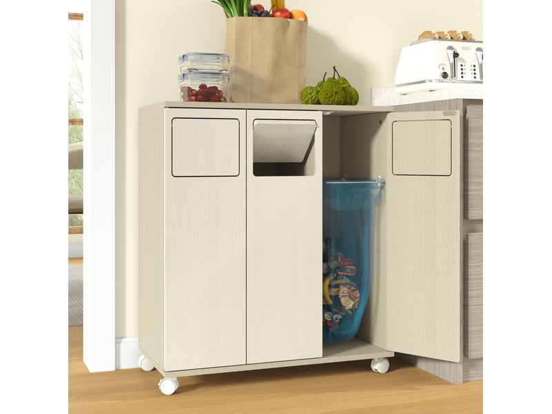 Meuble de tri des déchets 69,3x35x80 cm 3 portes mobile mdf blanc et aspect bois clair - Conforama D