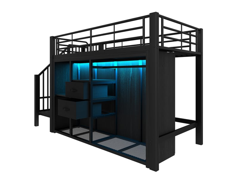 Lit mi-hauteur avec 2 tiroirs, penderie ouverte et led multicolore, noir, 90x200 cm, sans matelas - Conforama E