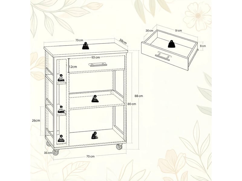  Desserte roulante de cuisine, chariot snack mobile, rangement pratique, noir, compact  - Conforama C