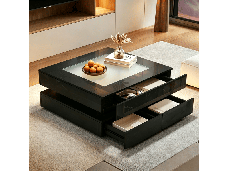 Table basse carrée avec led et 3 tiroirs 70x70 cm plateau en verre trempé et bois noir brillant - Conforama E