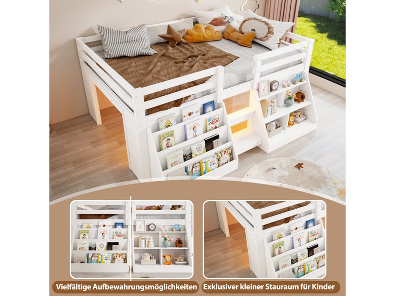  Lit mezzanine enfant 140x200cm en pin avec compartiments ouverts et led,lit superposé double avec échelle et barrières de sécurité,sans matelas-naturel  - Conforama E
