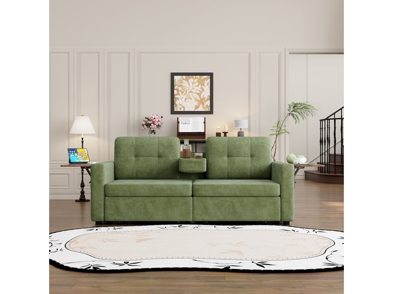  Canapé 2 places 178x71x57,5 cm vert chenille, 2 tiroirs, tablettes réglables et porte-gobelets  - Conforama B
