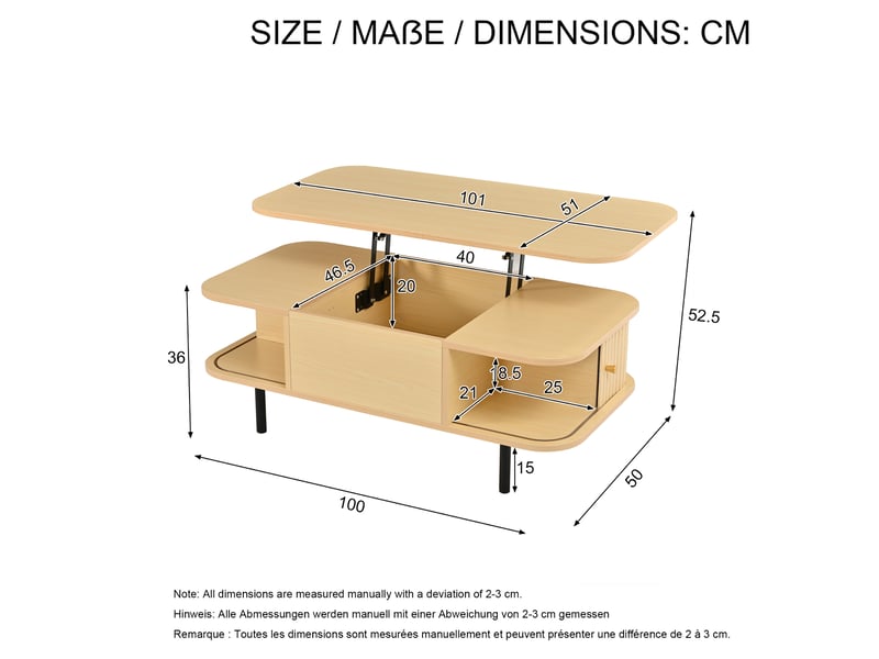  Table basse rectangulaire 101 cm avec rangements, plateau relevable, coffre intégré, 2 portes à rideau, mdf et pieds métalliques, décor bois clair Luxe haut de gamme - Conforama C