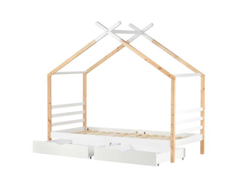  Lit cabane 90x200 cm, lit enfant avec tiroirs et sommier à lattes, en bois, blanc, sans matelas  - Conforama E
