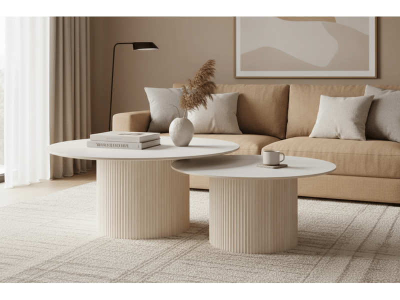  Duo tables gigognes rondes céramique marbre blanc &amp; pied travertin ø80 cm – baieta  - Conforama E