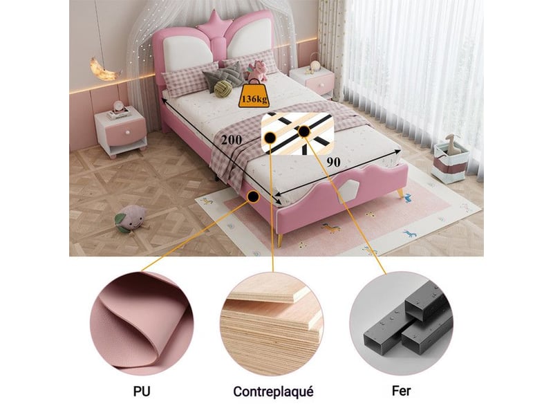  Lit enfant fille rembourré 90x200cm - tête de lit en forme de couronne - bord en mousse anti-collision - rose+blanc 208x95.5x104cm - Conforama D