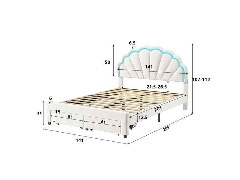  Lit simple 140x200, éclairage led et tiroir de rangement, lit enfant, tête de lit coquillage ajustable, velours, blanc  - Conforama E