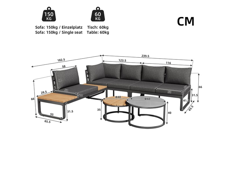  Set de jardin en fer 5 pl, coussins gris, canapés, table d'appoint, tables basses rondes  - Conforama C