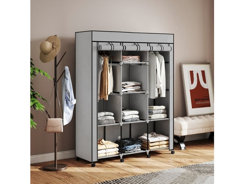  Armoire en tissu 125x43x162,5 cm avec 8 compartiments et 2 barres de penderie gris clair  - Conforama D