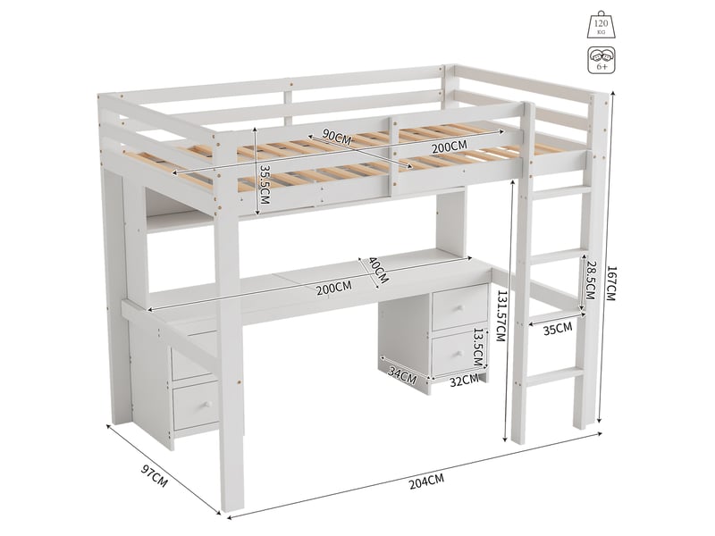  Lit mezzanine enfant 90x200 cm avec bureau et rangements blanc  - Conforama C