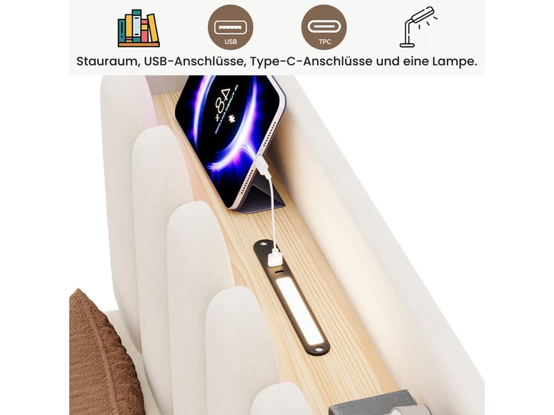 Lit enfant rembourré 90x200cm avec sommier à lattes,tête de lit avec usb, type-c et liseuse led, velours, beige evarich - Conforama D