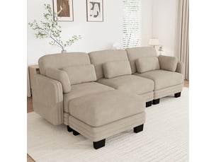 Canapé d'angle modulable - 3 places - forme l - 1 ottoman - coussins d'accoudoirs - assise profonde - tissu chenille - brun clair