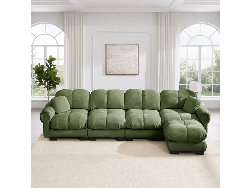  Canapé d'angle modulable 4 places modenvie avec pouf mobile, tissu chenille vert, dossier ergonomique, design matelassé, 330 x 149 x 90 cm  - Conforama B