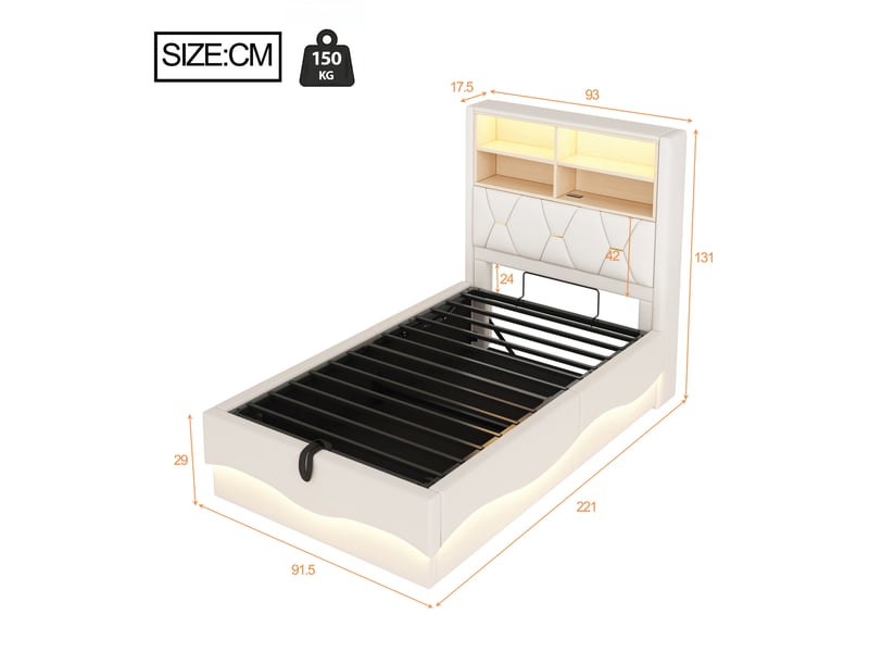  Lit coffre rembourré 90 x 200 cm, coffre à relevage hydraulique, éclairage led, commande par application, ports usb, tissu effet lin, beige ABC - Conforama C