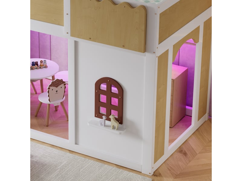  Lit mi-hauteur enfant 90 x 200 cm avec espace de jeu et fenêtres, entrée arrondie, barrière ondulée et guirlande lumineuse sous le lit sans matelas  - Conforama W
