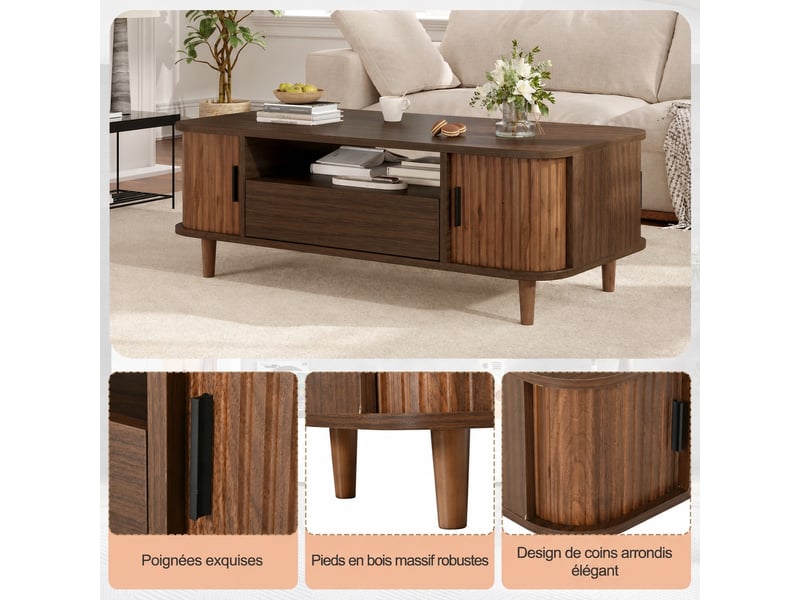  Table basse couleur noyer avec tiroir et deux portes coulissantes, niche ouverte, 100 x 50 x 35 cm  - Conforama E