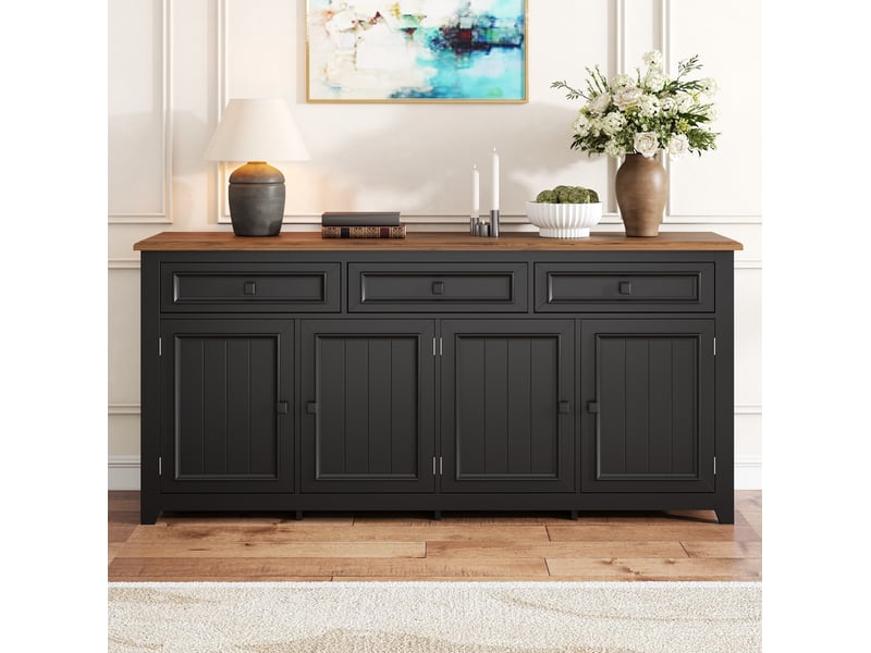  Buffet moderne 160x35x76 cm, grand rangement, 3 tiroirs, 4 portes, tablettes réglables, mdf noir, dessus motif bois  - Conforama B