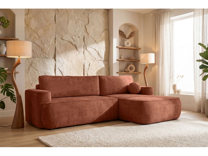 Canapé d'angle droit cassis avec coffre de rangement en tissu chenille - terracotta CASSIS - Conforama B