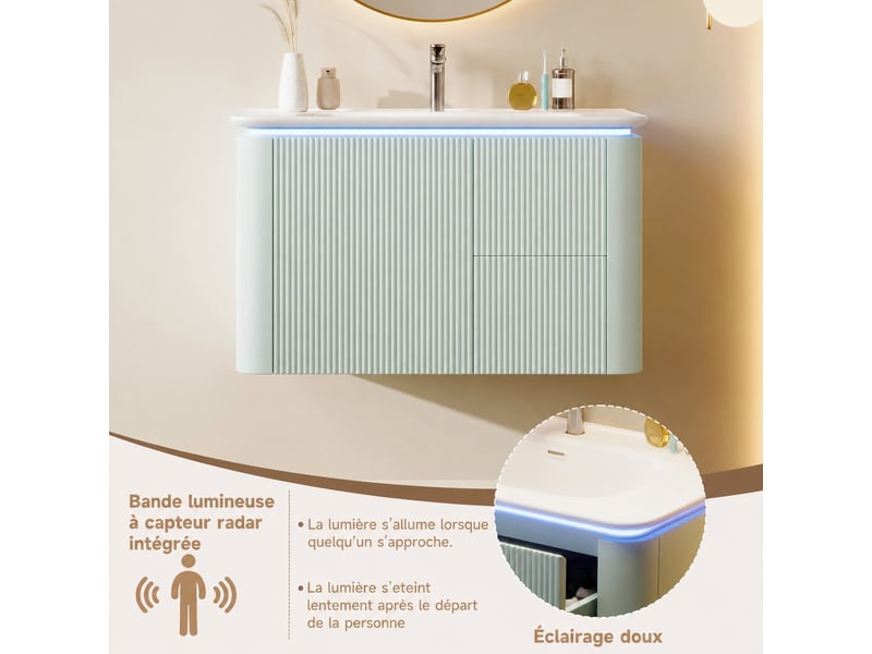  Meuble vasque suspendu vert 80 cm avec relief 3d, vasque en céramique et éclairage led  - Conforama E