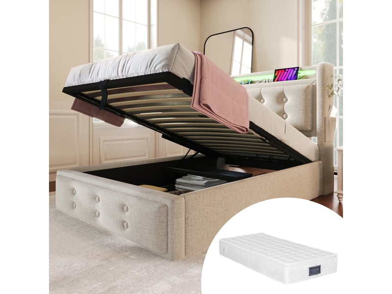  Lit simple rembourré 90x200, tête de lit led et usb-c, sommier lattes bois, cadre métal, 150 kg, beige, coton, avec matelas  - Conforama A