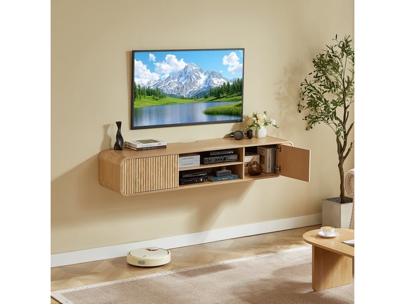 Meuble tv mural avec 2 portes et 2 niches, passe-câbles et angles arrondis pour salon en panneau de particules naturel - Conforama D