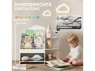Bibliothèque enfant blanche 7 étagères, rangement livres et jouets, bords arrondis, charge 40 kg