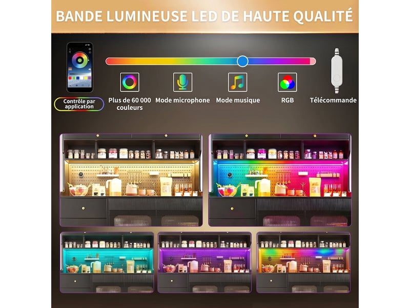  Buffet de cuisine haut noir 145x39x171 cm avec led rgb et porte relevable en verre strié  - Conforama E