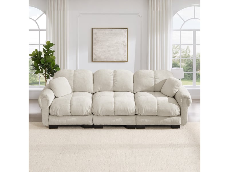  Canapé droit 3 places cloud, incluant 2 petits coussins décoratifs, dossier ergonomique, 260x86x90cm, kaki clair  - Conforama D