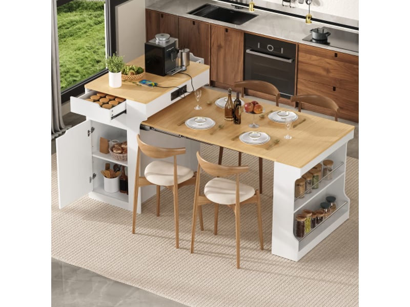 Îlot de cuisine mobile avec table extensible, multiprise intégrée et 2 tiroirs – buffet et desserte blanc - Conforama B