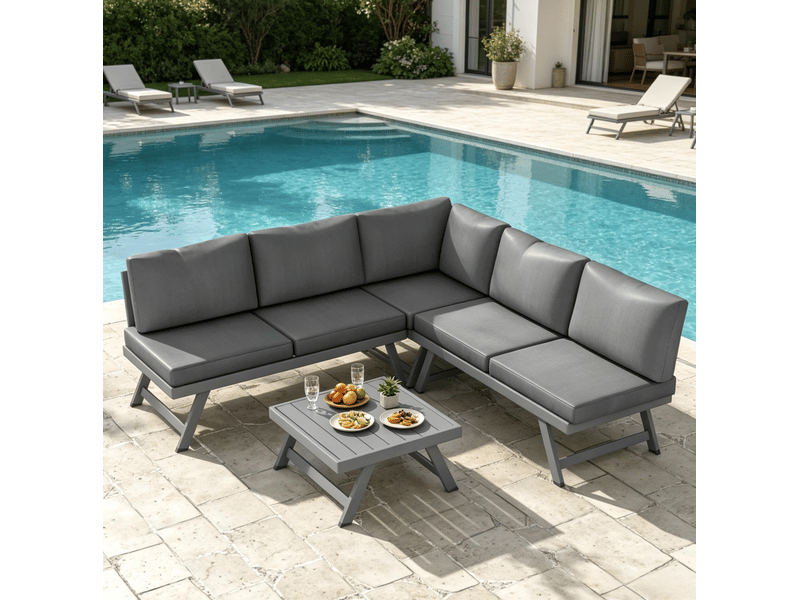  Canapé d'angle de jardin 5 places gris en acier et aluminium, avec table basse et coussins, design moderne  - Conforama E
