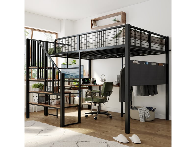 Lit mezzanine en métal 140×200 cm noir avec bureau d’angle en l, escalier, support clavier coulissant, prise usb et poche latérale - Conforama D