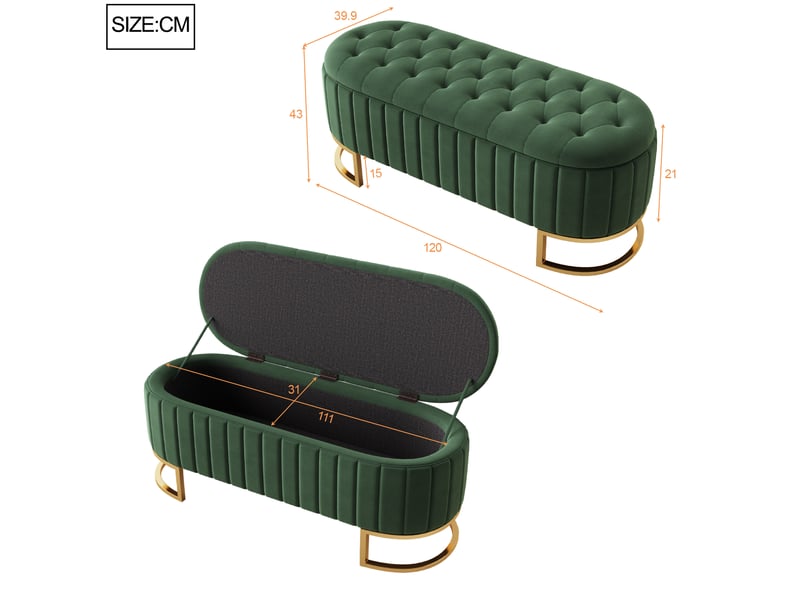  Banc de rangement 120 x 39,9 x 43 cm vert en velours, assise rembourrée, pieds en métal pour salon  - Conforama C
