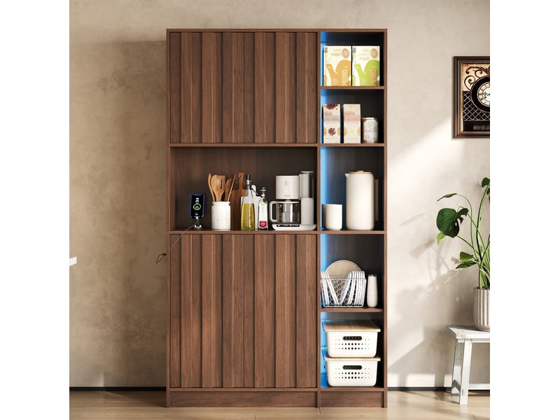  Buffet de cuisine haut avec 2 portes, niches ouvertes, led rgb et prises, pour cuisine en mdf 105 × 40 × 180 cm  - Conforama B