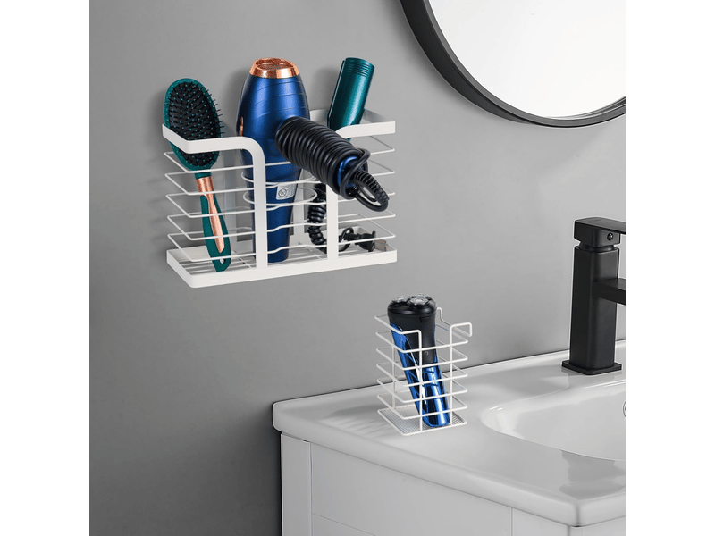  Porte seche cheveux mural sans percage - support seche cheveux et lisseur salle de bain pour accessoires chauds, brosse, produits,blanc  - Conforama E