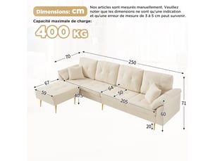 Canapé 4 places en velours côtelé, canapé d'angle modulable avec pouf, grand canapé de salon 250 cm, pieds en fer 20 cm.