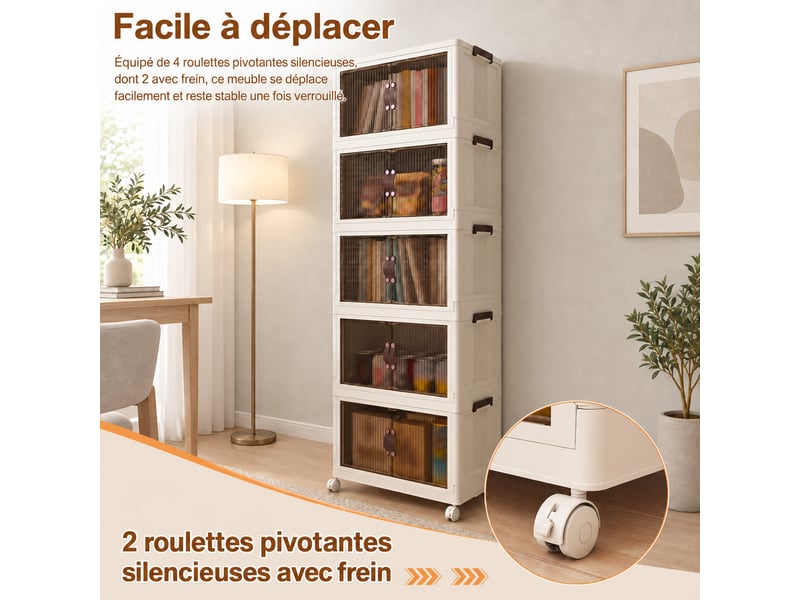  Meuble de rangement pliable 5 53x30x156 cm,porte magnétique transparente et 4 roulettes multidirectionnelles,aux chambres salon  - Conforama E