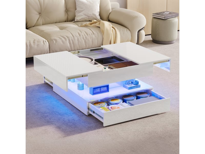  Table basse 78x78cm blanc brillant - design moderne, éclairage led rvb (télécommande et app) et 2 tiroirs  - Conforama D