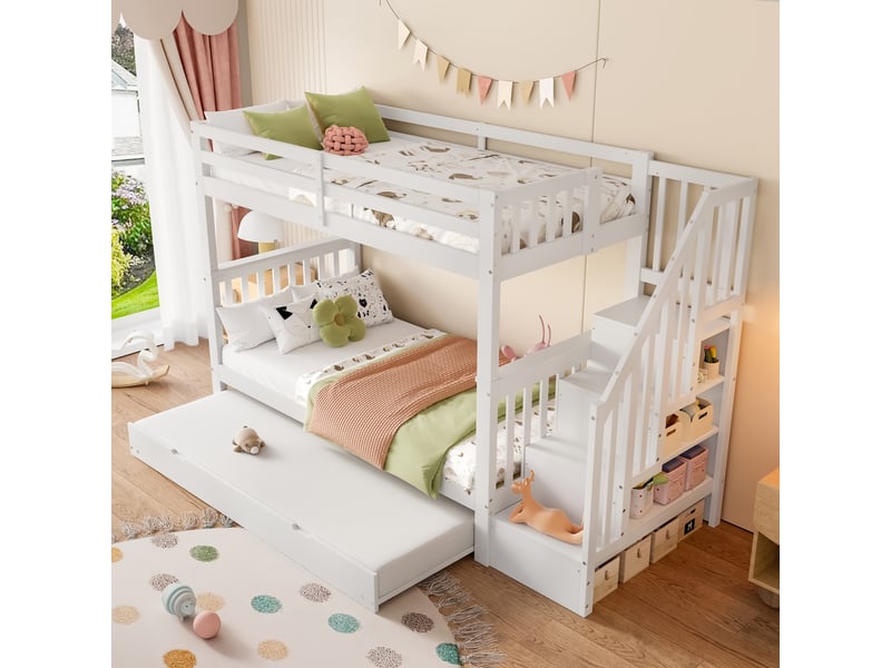 Lit superposé 90 x 200 cm avec lit gigogne, escalier à rangements et garde-corps hauts, certifié en 747-1, blanc - Conforama B