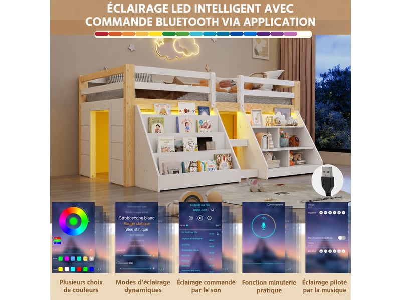  Lit mezzanine enfant 90x200 avec escalier et étagères de rangement, lit enfant avec éclairage led - pin blanc et naturel  - Conforama E